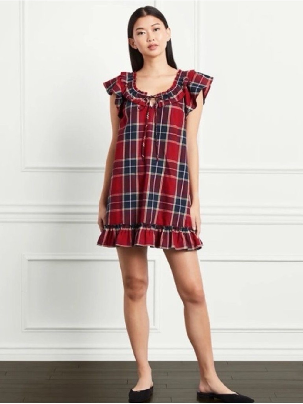 NWT Hill House Cordelia Dress in Red Tartan - Red Plaid Ruffle-Trim Shift Dress